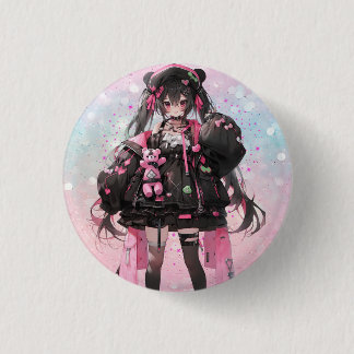 Badge Rond 2,50 Cm Kawaii Anime Girl en Robe rose et noire