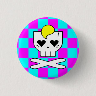 BADGE ROND 2,50 CM KAWAII DEATHROCK CRÂNE ÉCHIQQUIER ROSE SARCELLE