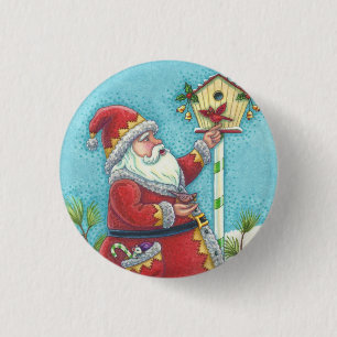 BADGE ROND 2,50 CM KRIS KRINGLE REDBIRDS, BOUTON D'OISEAU DE NOËL