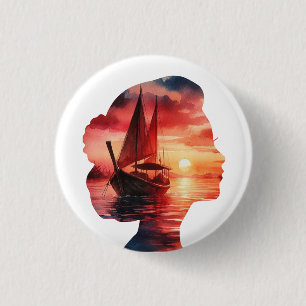 Badge Rond 2,50 Cm la tête d'une femme enveloppant un coucher de sole