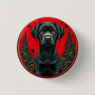 Badge Rond 2,50 Cm Labrador noir de Noël avec des arbres de fête