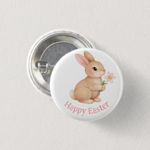 Badge Rond 2,50 Cm Lapin bébé avec fleur rose Joyeuses Pâques