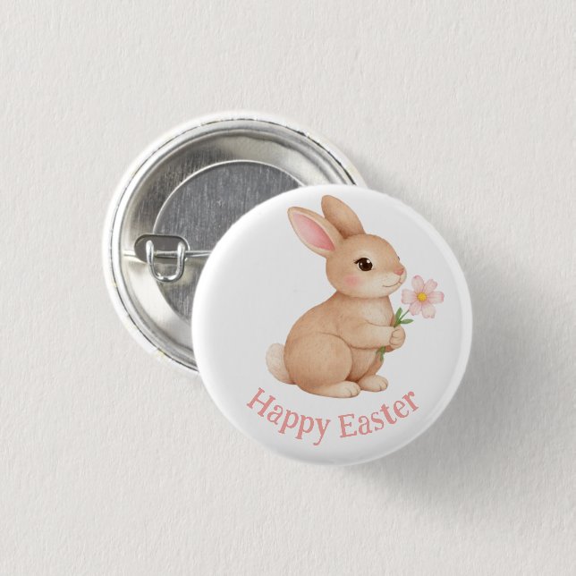 Badge Rond 2,50 Cm Lapin bébé avec fleur rose Joyeuses Pâques (Devant & derrière)