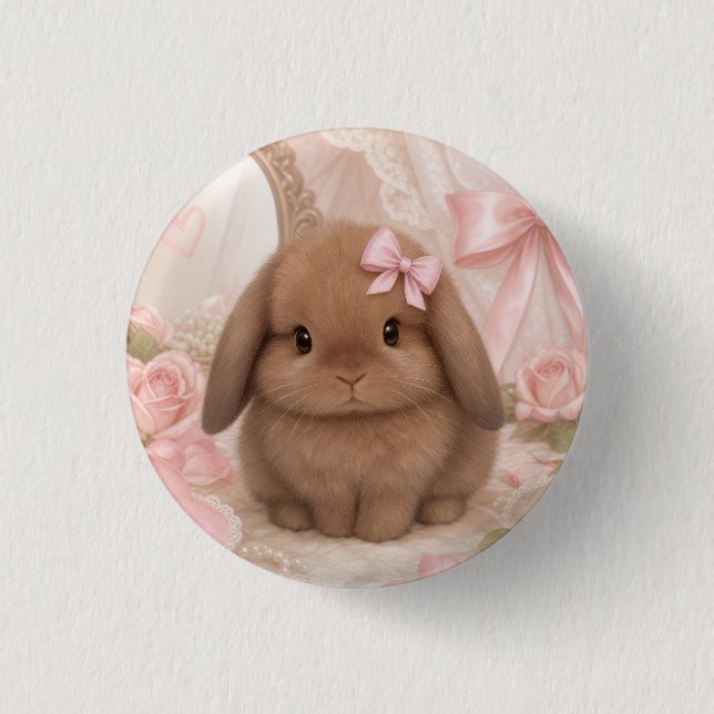 Badge Rond 2,50 Cm lapin coquet ruban rose  (Devant)