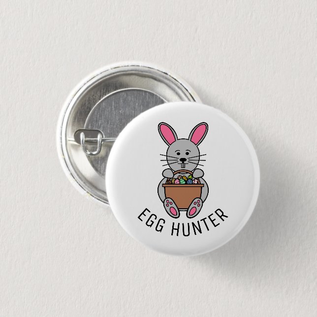 Badge Rond 2,50 Cm Lapin de Pâques Gris, Chasseur d'Oeufs (Devant & derrière)