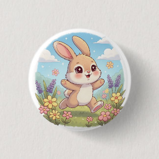 Badge Rond 2,50 Cm Lapin mignon sautant dans un champ de fleurs