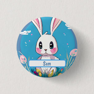 Badge Rond 2,50 Cm Lapin Pâques Blanc Avec Nametag Personnalisable