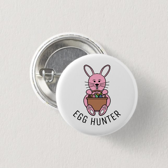 Badge Rond 2,50 Cm Lapin Pâques Rose, Chasseur D'Oeufs (Devant & derrière)