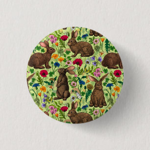 Badge Rond 2,50 Cm Lapins et fleurs sauvages sur le vert miel