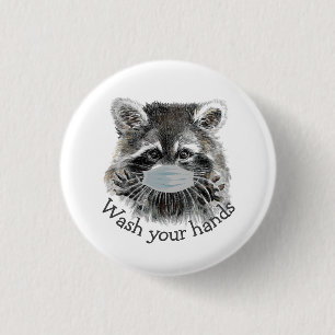 Badge Rond 2,50 Cm Lavez Vos Mains Covid Pandemic Cute Raccoon
