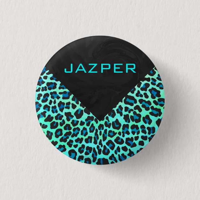 Badge Rond 2,50 Cm Léopard noir et Turquoise (Devant)