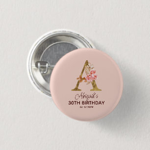 Badge Rond 2,50 Cm Lettre de nom personnalisée A Roses roses blush or