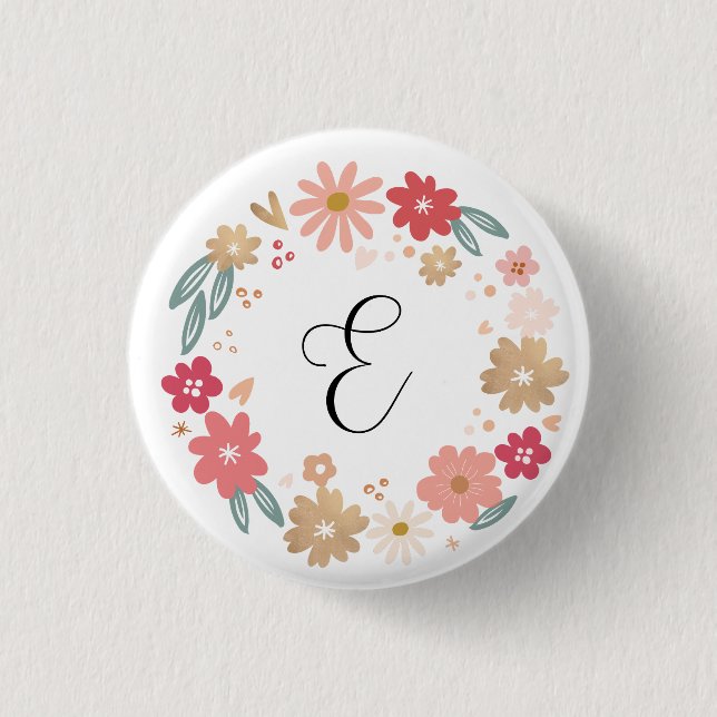 Badge Rond 2,50 Cm Lettre E | Lettre florale lunaire monogramme (Devant)