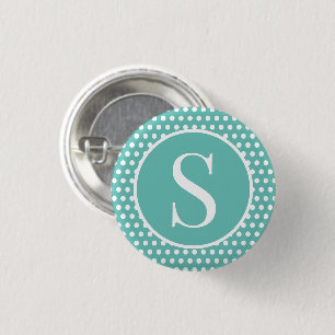 Badge Rond 2,50 Cm Lettre initiale Pois rétro classique Turquoise