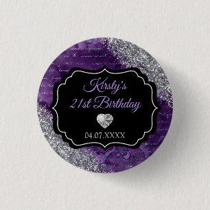 Badge Rond 2,50 Cm Lettres de Sirène Violette Paillettes Argentées An