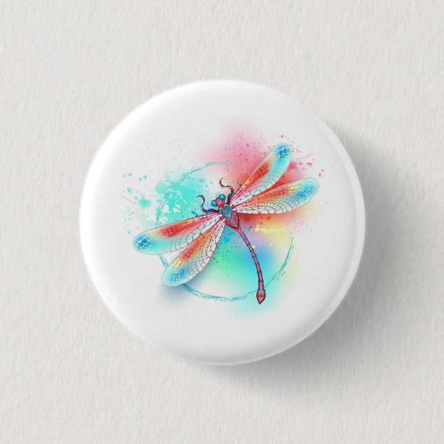 Badge Rond 2,50 Cm Libellule rouge sur fond aquarelle (Devant)