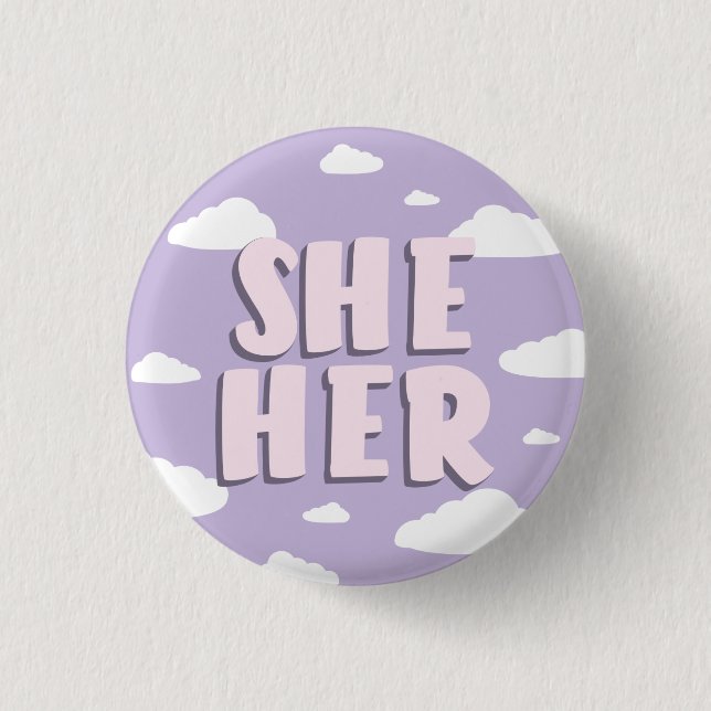 Badge Rond 2,50 Cm Lilac Nuages Elle/Ses Pronononounes (Devant)
