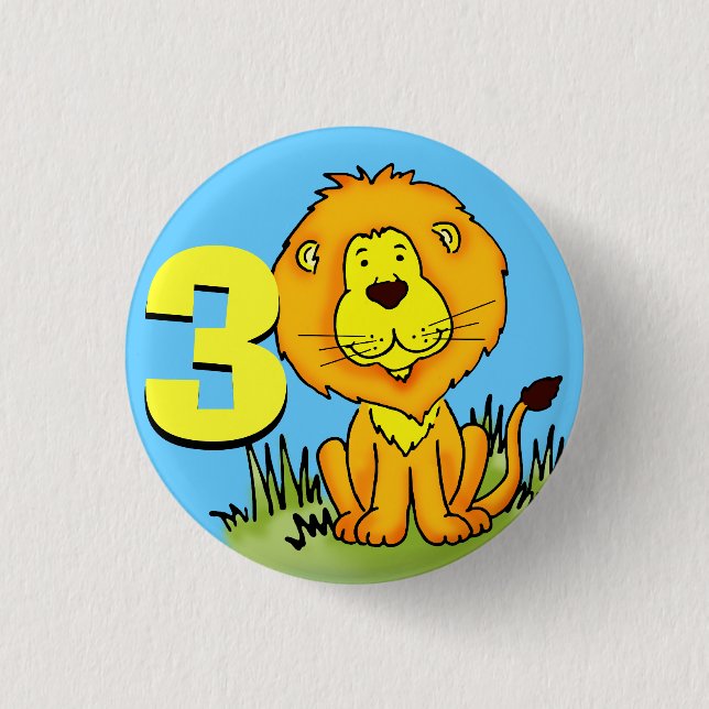 Badge Rond 2,50 Cm Lion age 3 bouton d'anniversaire orange jaune bleu (Devant)