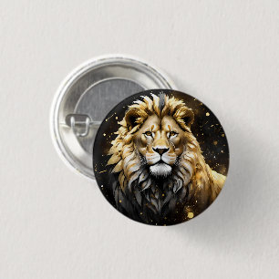 Badge Rond 2,50 Cm Lion Mâle Majestic D'Or Et De Gris,