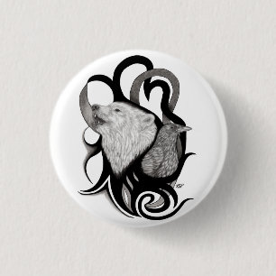 Badge Rond 2,50 Cm Loup blanc avec art tribal coréen