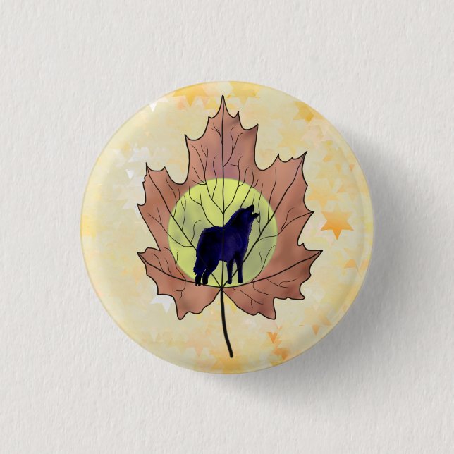 Badge Rond 2,50 Cm Loup dans la feuille d'érable (Devant)