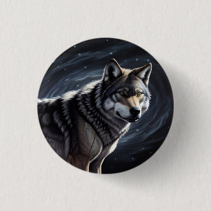 Badge Rond 2,50 Cm Loup Majestueux Sous un Ciel Étoilé