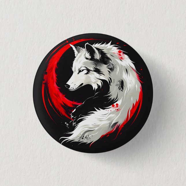 Badge Rond 2,50 Cm Loup Rouge Blanc Lunaire (Devant)
