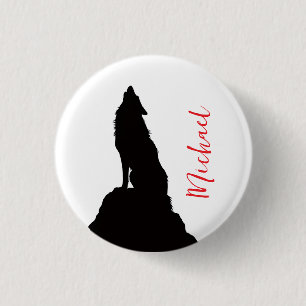 Badge Rond 2,50 Cm Loup solitaire hurlant votre nom écriture personna