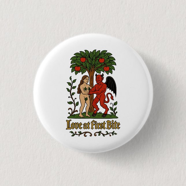 Badge Rond 2,50 Cm Love at First Bite - Medieval Devil & Eve Meme (Devant)