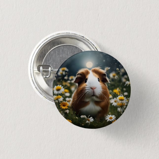Badge Rond 2,50 Cm Lune De Cochon Et Marguerites Brown Et Blanche, (Devant & derrière)