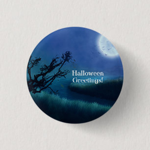 Badge Rond 2,50 Cm Lune d'Halloween à la nuit dans les tons bleu et v