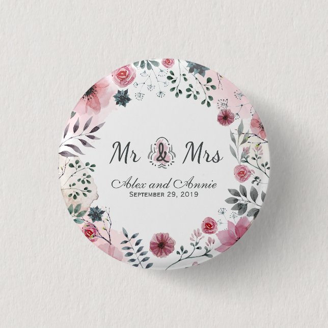 Badge Rond 2,50 Cm M. & Mme Floral Mariage d'aquarelle | Bouton d'épi (Devant)