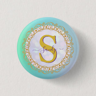 Badge Rond 2,50 Cm Mandala personnalisé à monogramme or et bleu