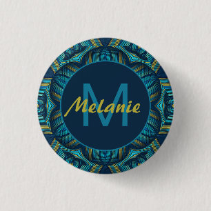 Badge Rond 2,50 Cm Mandala Personnalisé Orné Bleu Jaune Abstrait