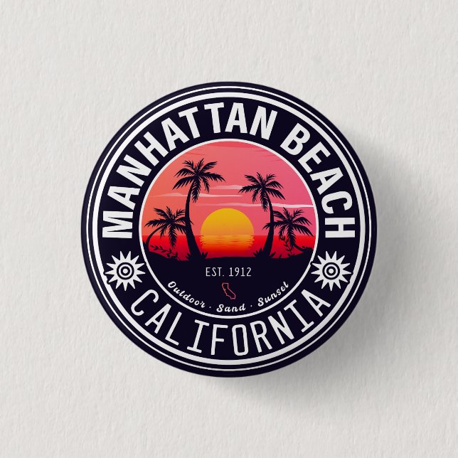 Badge Rond 2,50 Cm Manhattan Beach Ca Retro Sunset Palm Trees 60 ans (Devant)