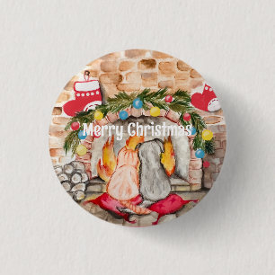 Badge Rond 2,50 Cm Manoir de Noël confortable avec chien et chat