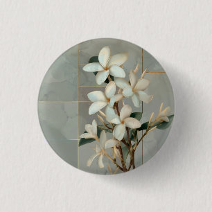 Badge Rond 2,50 Cm Marbre à ligne dorée et fleur de magnolia blanc