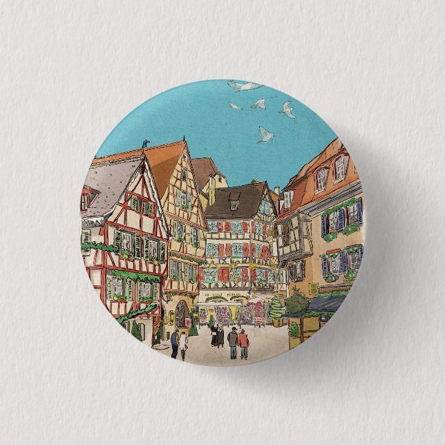 Badge Rond 2,50 Cm Marché de Noël Strasbourg France d'inspiration rét (Devant)