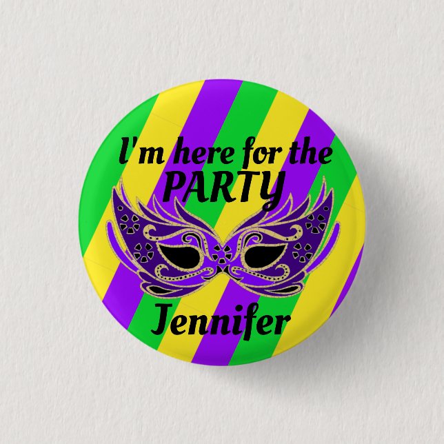 Badge Rond 2,50 Cm Mardi Gras Nom Personnalisé Bouton PARTI Mardigras (Devant)