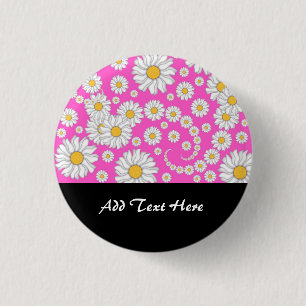 Badge Rond 2,50 Cm Marguerites blanches sur fond rose vif