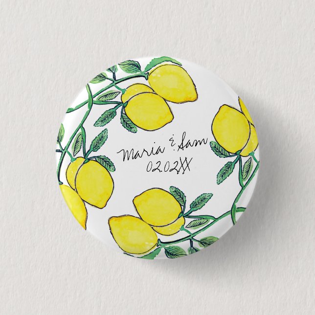 Badge Rond 2,50 Cm Mariage de script Citrus d'aquarelle (Devant)