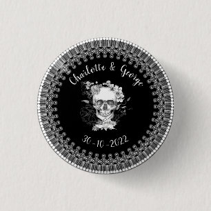 Badge Rond 2,50 Cm Mariage d'Halloween Crâne Floral Dentelle Noir Bla