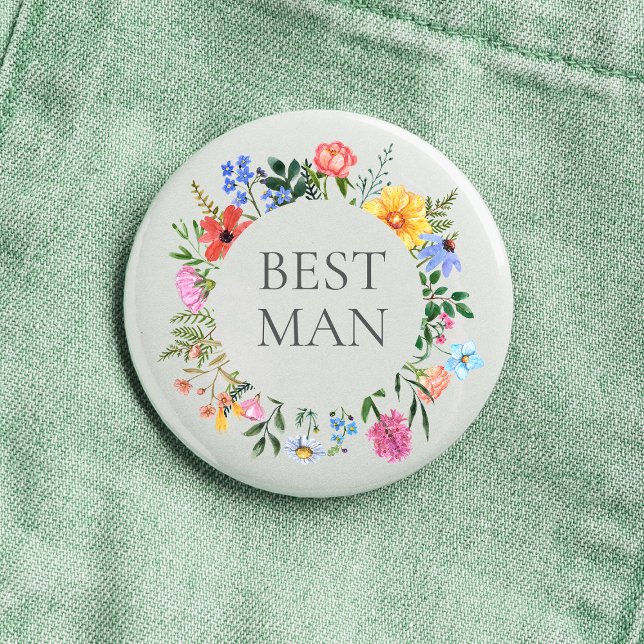 Badge Rond 2,50 Cm Mariage du meilleur homme de Wildflower  (Best Man Wildflower Watercolor Floral Wreath Wedding Button
)