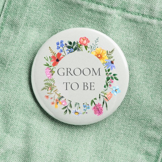 Badge Rond 2,50 Cm Mariage fleur sauvage Groom (Groom to be Wildflower Watercolor Floral Wreath Wedding Button)