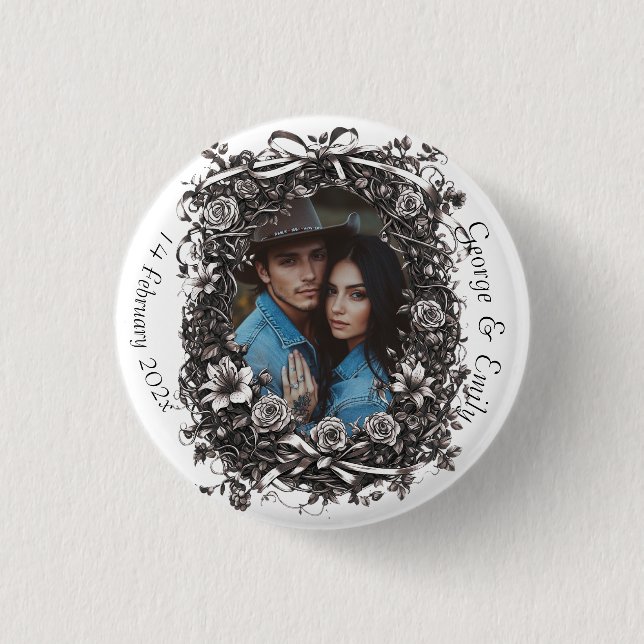 Badge Rond 2,50 Cm Mariage floral rustique, sépia. (Devant)