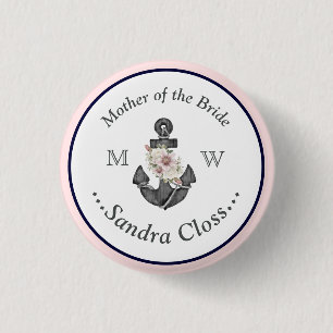 Badge Rond 2,50 Cm Mariage nautique Floral Ancre Marine bleu et rose
