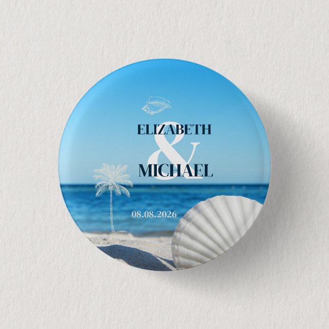 Badge Rond 2,50 Cm Mariage Tropical sur une Plage Océane (Devant)