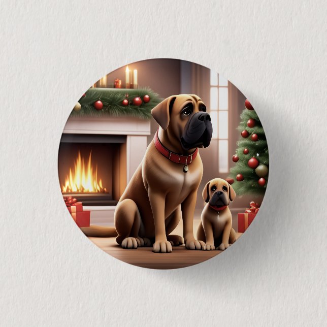 Badge Rond 2,50 Cm Mastiff Dogue de Noël Cheminée (Devant)