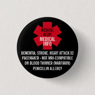 Badge Rond 2,50 Cm Medical Alert Series Medical Info Personalize