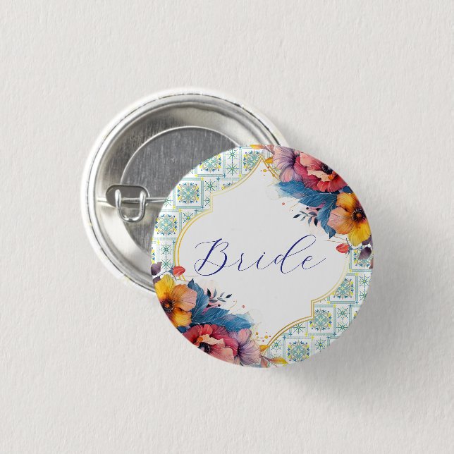 Badge Rond 2,50 Cm Méditerranéenne Fleurie Bleue Future mariée  (Devant & derrière)